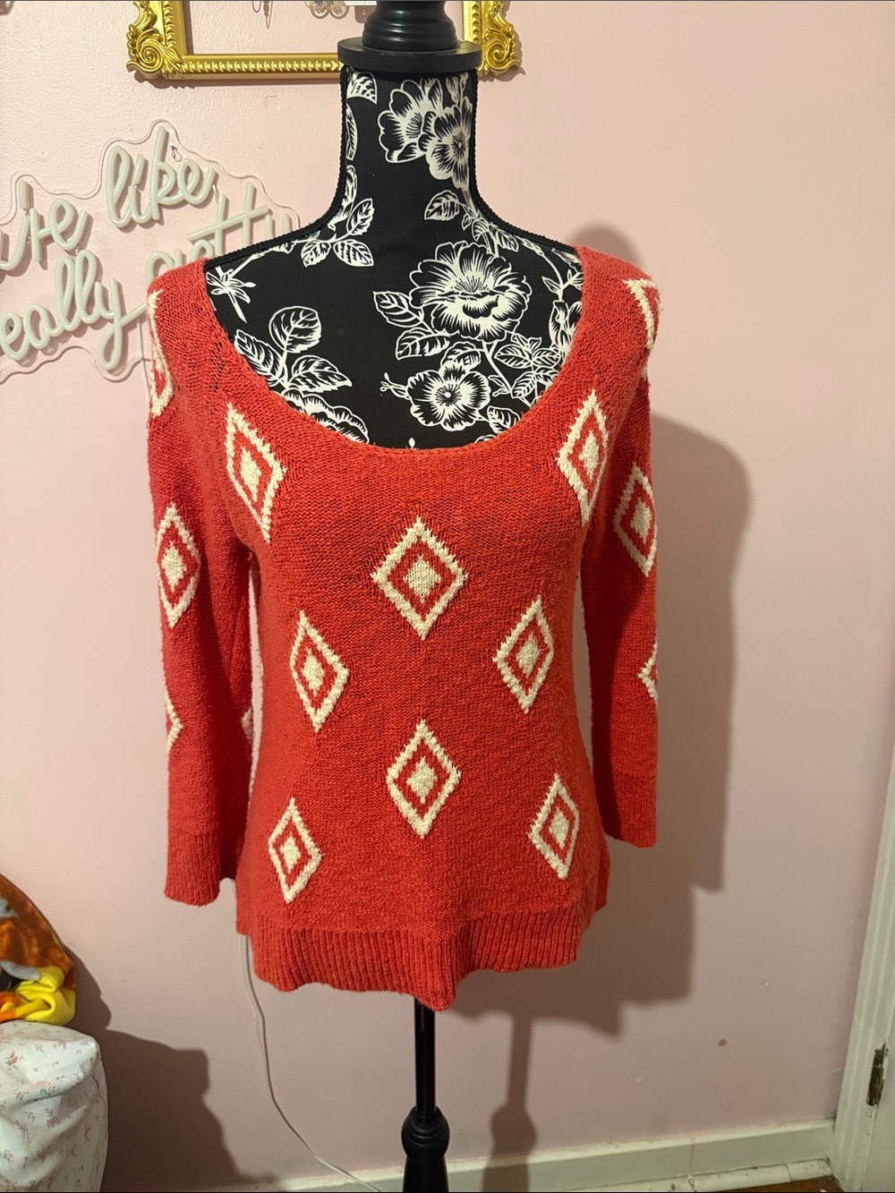 Lucky Brand Orange Diamond-Pattern Off-the-Shoulder Sweater